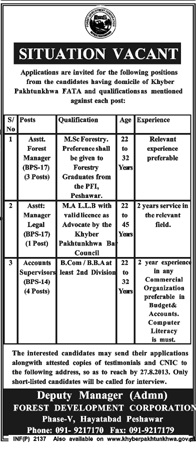 Manager & Supervisor Jobs in Forest Development Hayatabad Peshawar