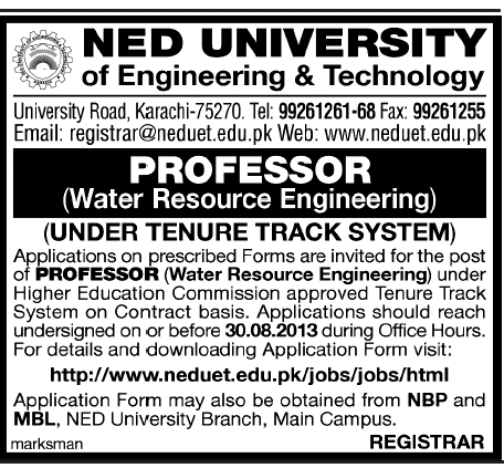 NED University Of Engineering & Technology Karachi Jobs for Professor