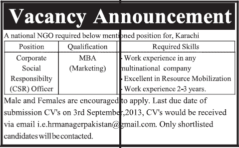 NGO Jobs Corporate Social Responsibility Officer in Karachi