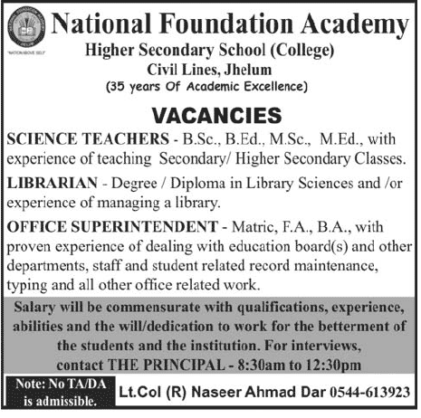 National Foundation Academy Jhelum Jobs for Teacher