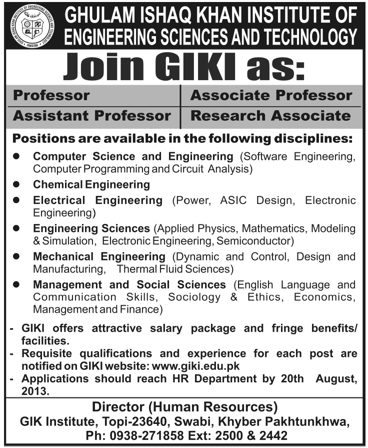 Professor Jobs in GIK Institute of Engineering Science & Technology KPK