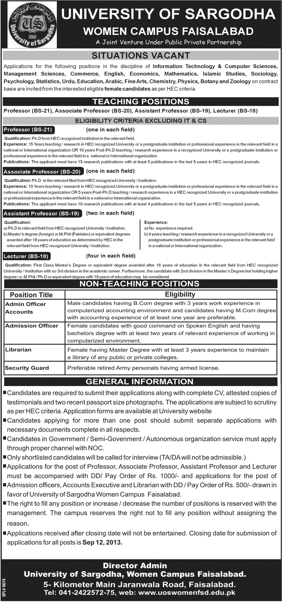 Professor and Lecturer Jobs in University of Sargodha Campus FSD