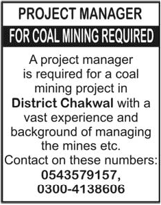 Project Manager Jobs in Coal Mining Chakwal