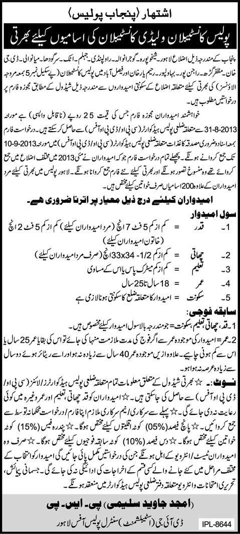 Punjab Police Jobs for Constable and Lady Constable