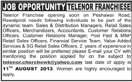 Sales & Distribution Manager and Accountant Jobs in Telenor Franchise