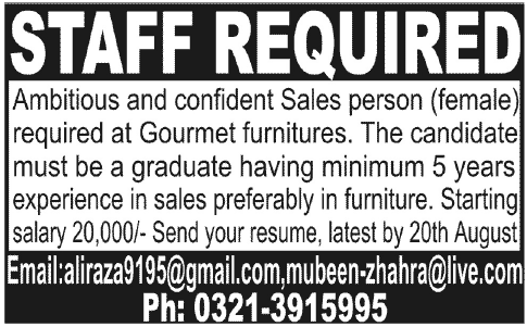 Sales Person Required in Gourmet Furniture Lahore