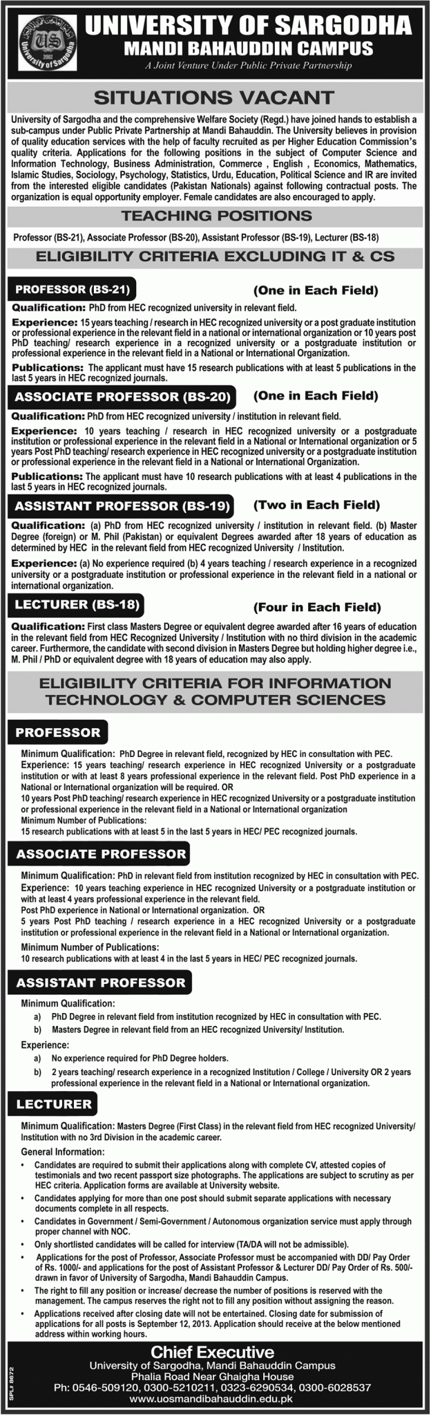 Sargodha University Mandi Bahauddin Campus Professor Jobs