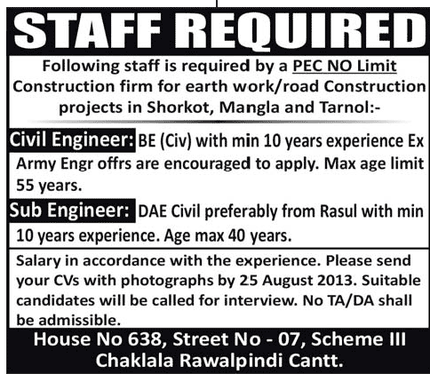 Engineer Jobs in PEC NO Limit Construction Firm Rawalpindi