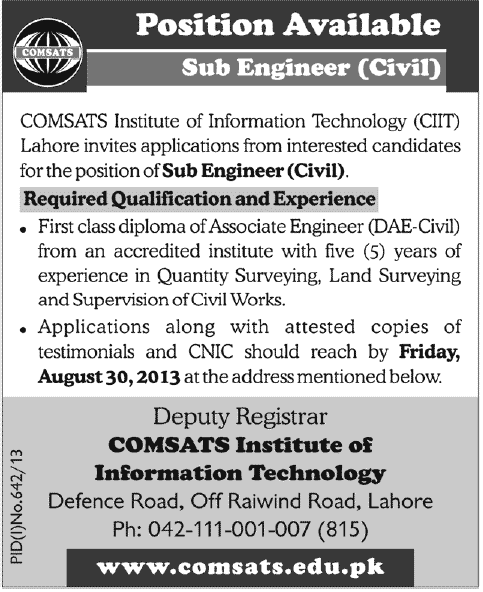 Sub Engineer Jobs in COMSATS (CIIT) Lahore