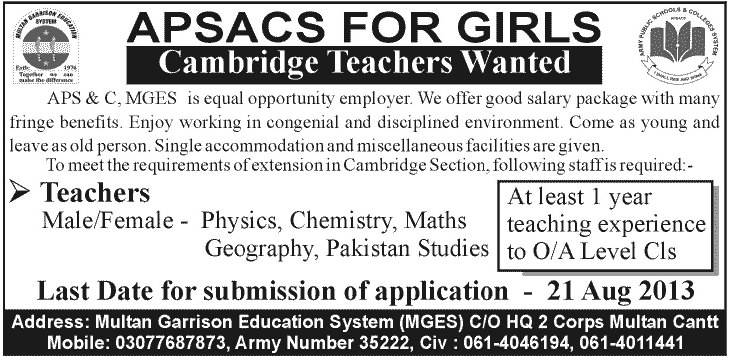 Teacher Jobs in Apsacs For Girls Multan