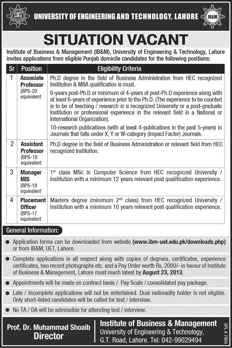 UET Lahore Jobs for Professor and Manager