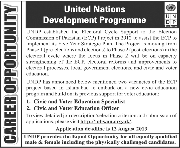 UNDP Islamabad Jobs for Civic and Voter Education Specialist & Officer