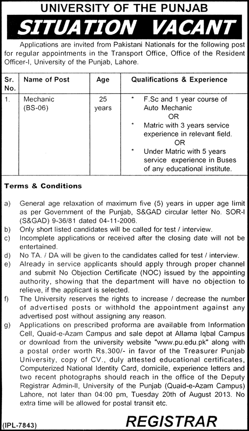 University of the Punjab Jobs for Mechanic