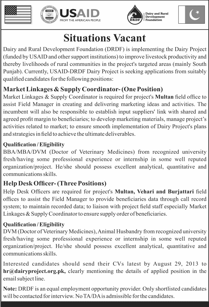 Usaid Dairy and Rural Development Foundation Pakistan Jobs