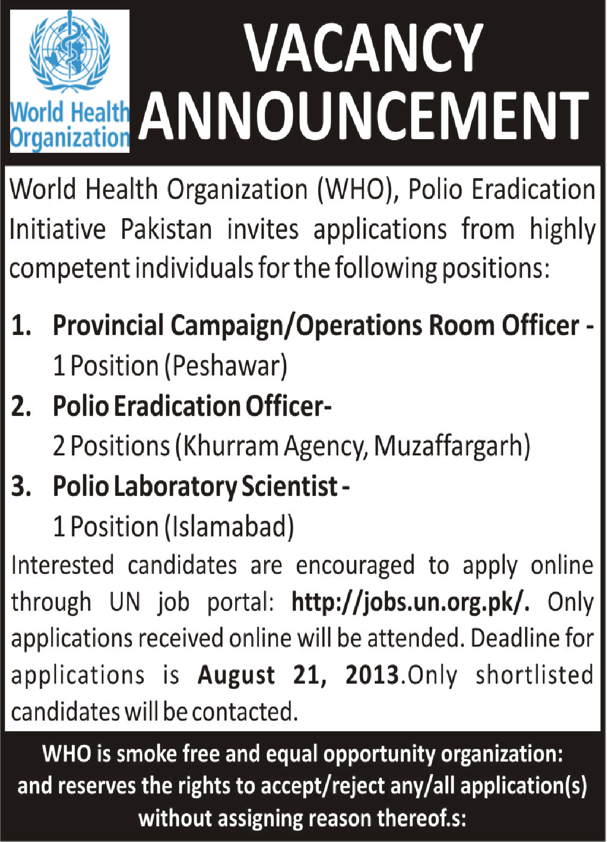 World Health Organization Peshawar Jobs for Polio Laboratory Scientist