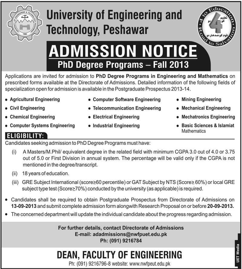 Admissions Open in UET Peshawar Ph.D 2013