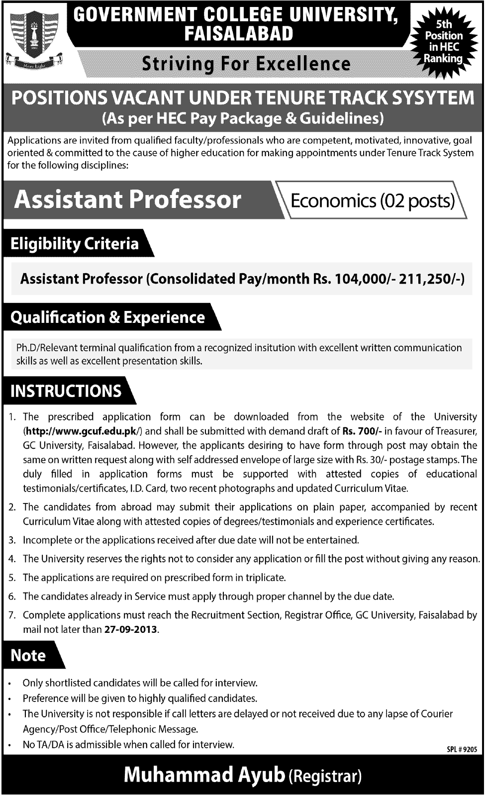 Assistant Professor Economics Jobs for Government College University Faisalabad