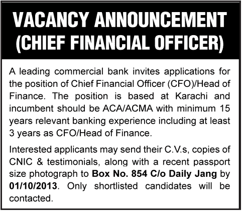 Commercial Bank Jobs for Chief Financial Officer in Karachi