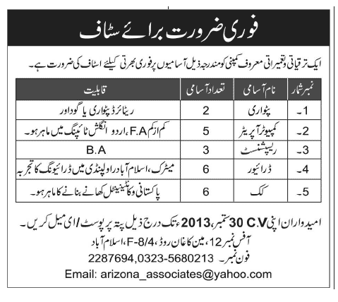 Computer Operator & Driver Jobs in Construction Company Islamabad