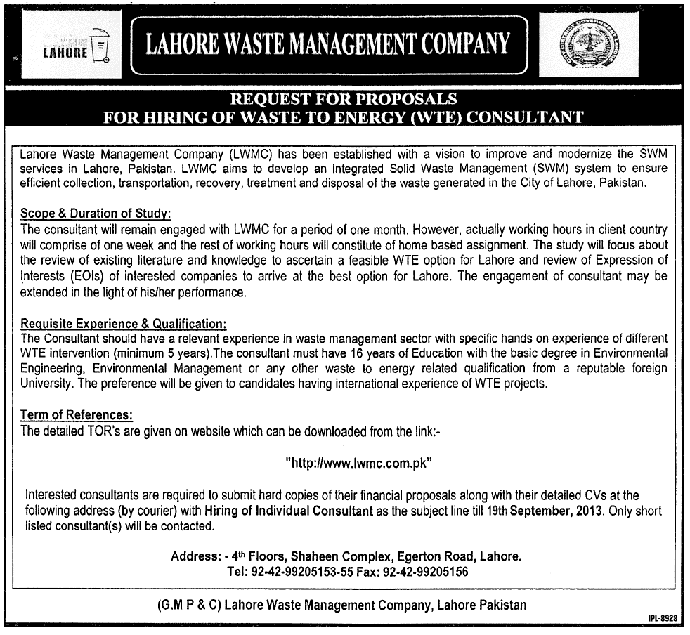 Consultants Jobs for Lahore Waste Management Company