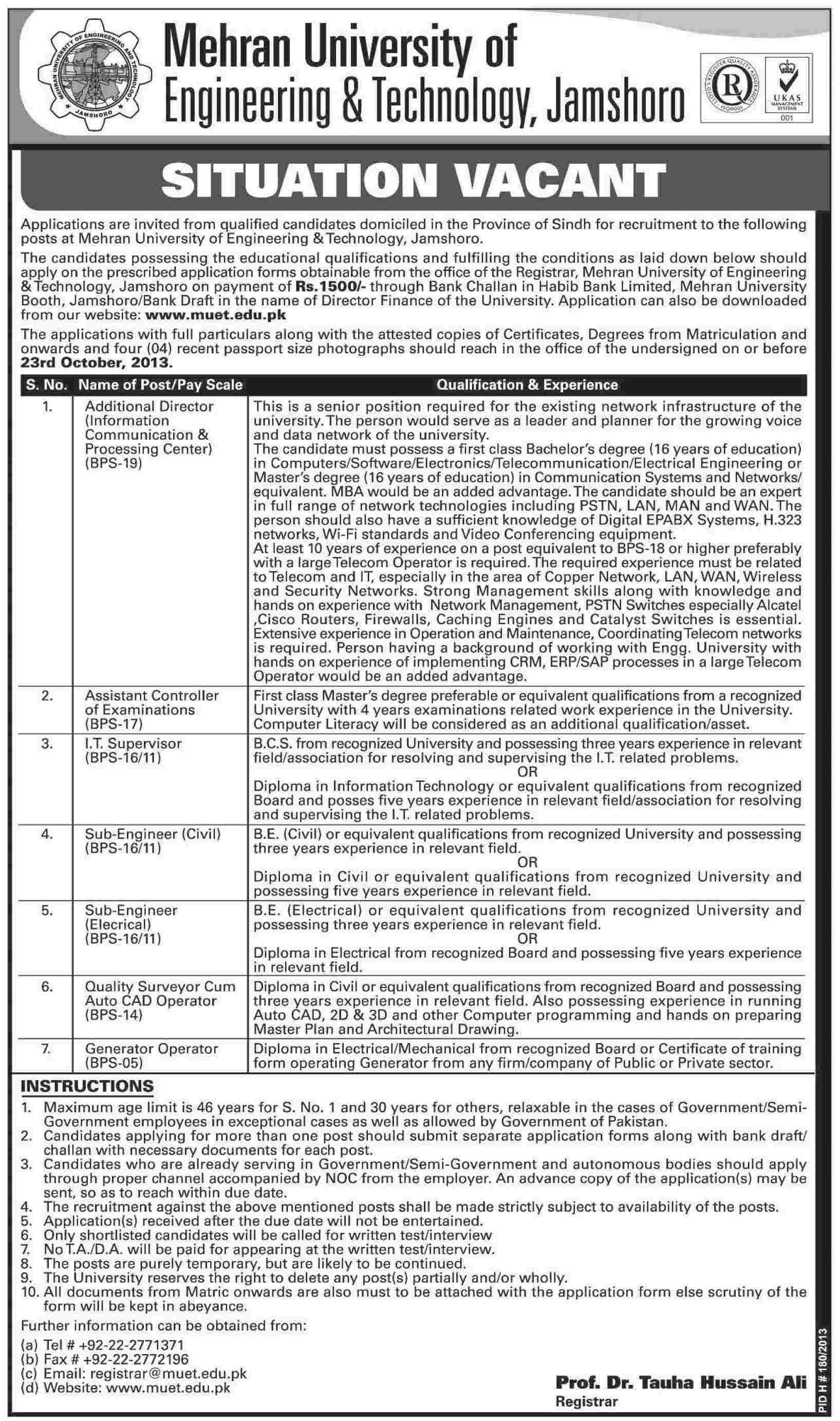 Director, Assistant & I.T Supervisor Jobs in MUET Jamshoro