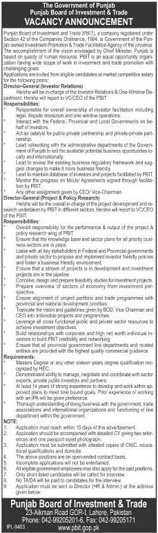 Director General Jobs in Punjab Board of Investment & Trade Lahore