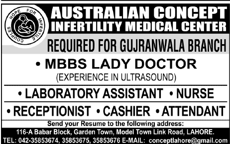 Doctors Jobs in Australian Concept Infertility Medical Center Gujranwala