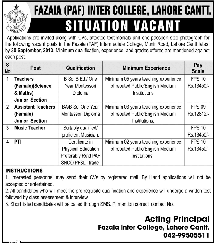 Female Teacher Jobs in Fazaia (PAF) College Lahore Cantt