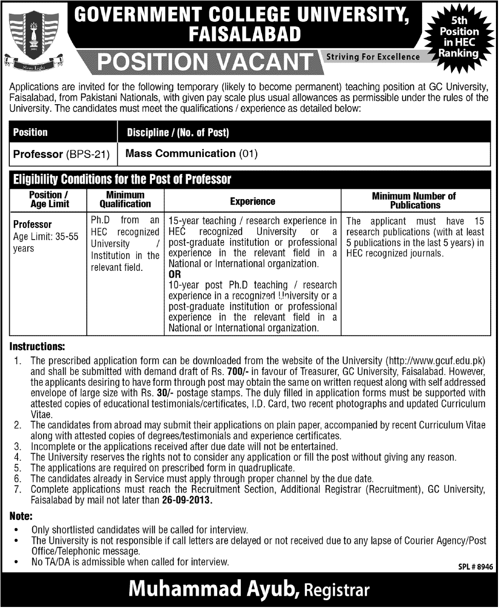 GC University Faisalabad Jobs for Professor