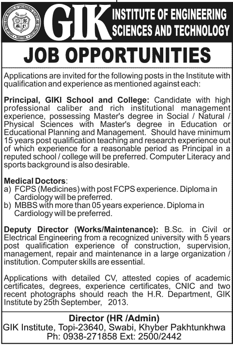 GIK Institute Jobs 2013 for Principal, Director & Doctors