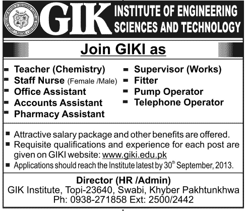 Ghulam Ishaq Khan Institute Jobs in Swabi, KPK