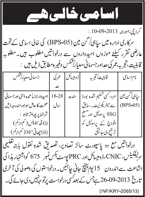 Government Department Jobs in Karachi 2013