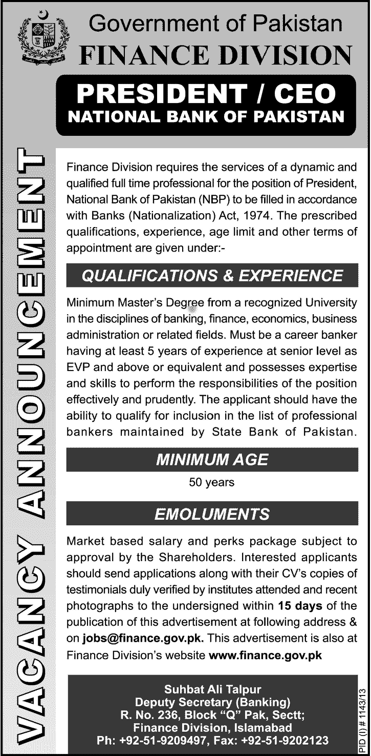 Government of Pakistan Finance Division Islamabad Jobs for CEO