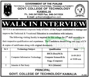Govt College Teacher Jobs of Technology Kamalia