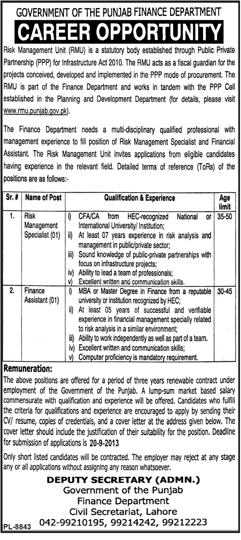 Govt of The Punjab Jobs for Finance Assistant in Lahore