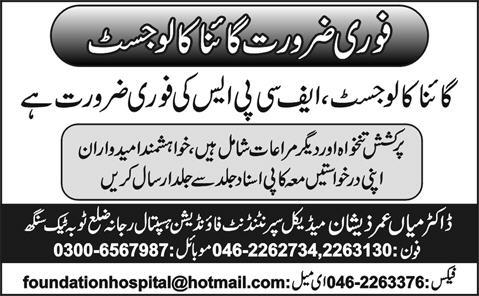 Gynecologist Jobs in Foundation Hospital Rajana Toba Tek Singh District