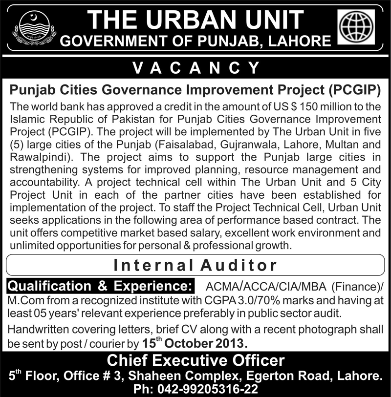 Internal Auditor Jobs in The Urban Unit Government of Punjab Lahore