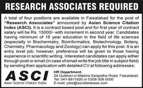 Jobs In Faisalabad of Research Associates in Asian Science Citation Index