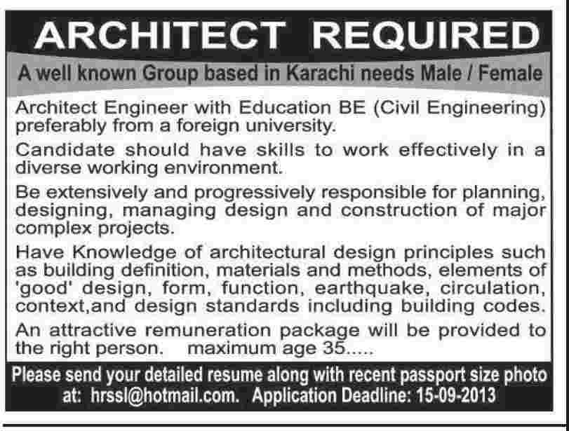 Jobs for Architect Engineer in Karachi