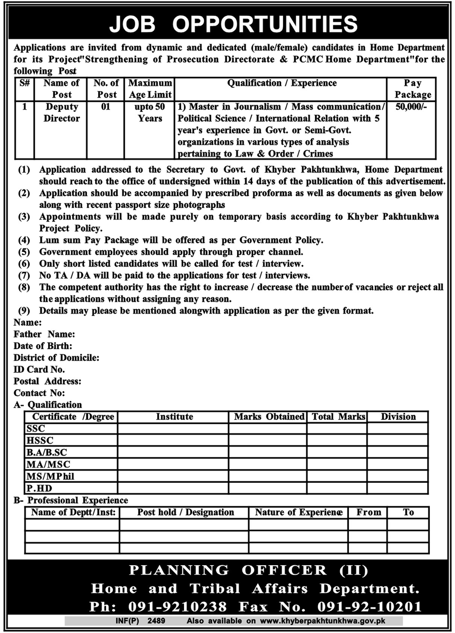 Jobs for Deputy Director in Home and Tribal Affairs, Department KPK