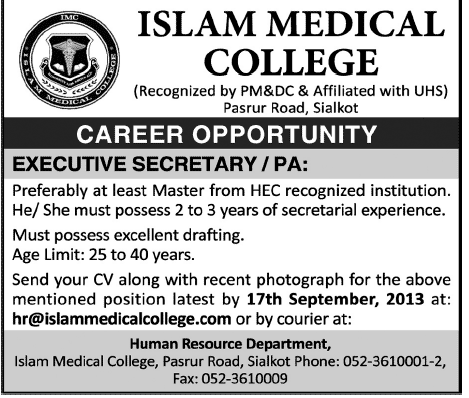 Jobs for Executive Secretary in Islam Medical College Sialkot