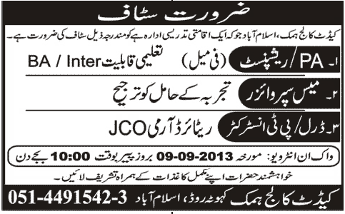 Jobs in Cadet College Humak Islamabad for Receptionist