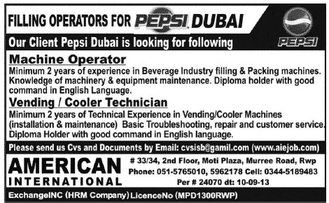 Jobs in Dubai for Machine Operator & Cooler Technician