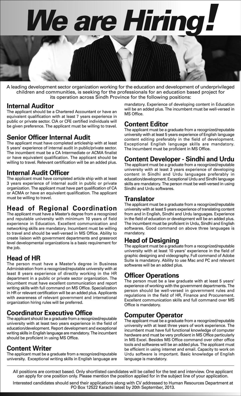 Jobs in Karachi of Auditor, Senior Officer Internal Auditor & Translator