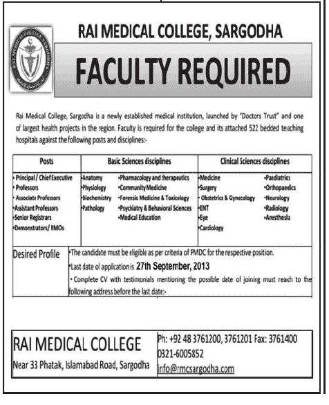 Jobs in Rai Medical College Sargodha for Principal & Professor