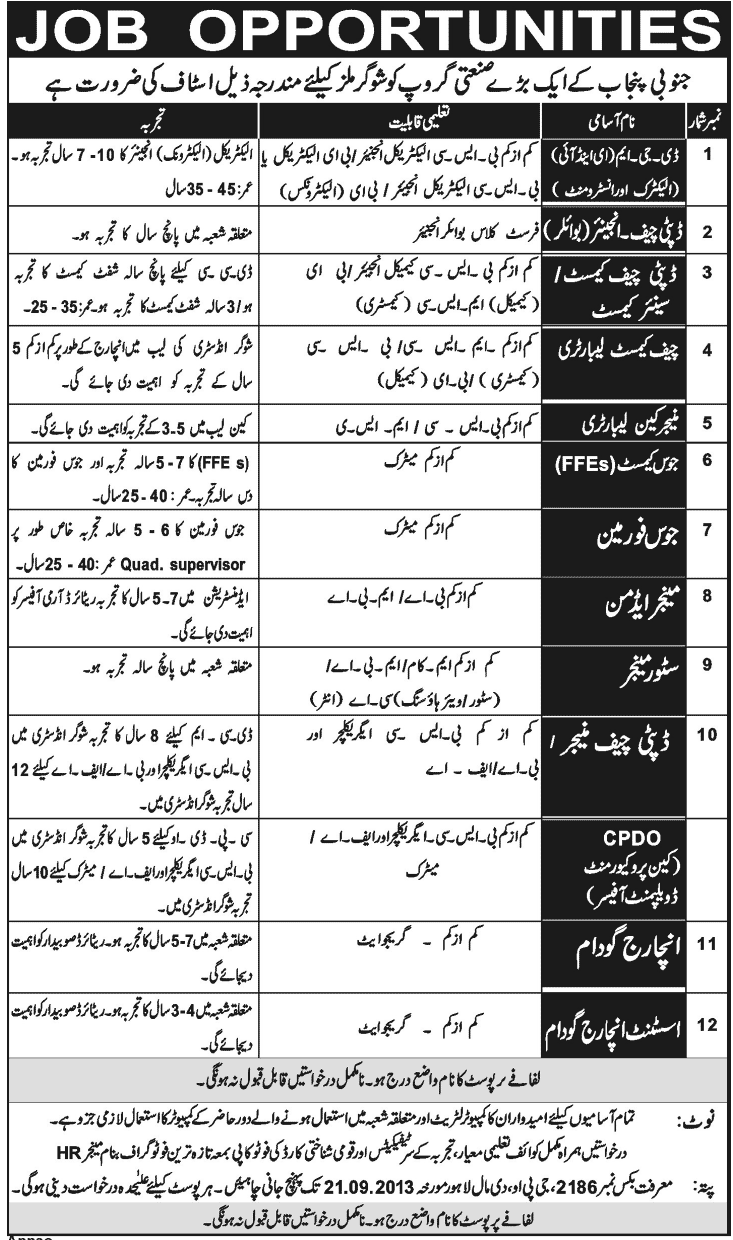 Jobs in Sugar Mills Lahore for Chief Engineer, Cheif Chemist