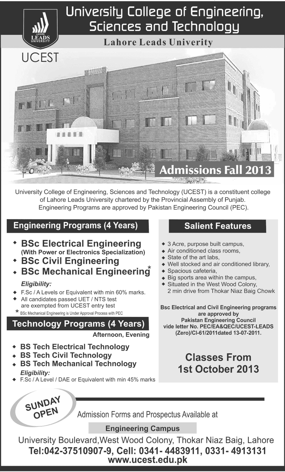 Lahore Leads University Engineering & Technology Programs Admissions 2013