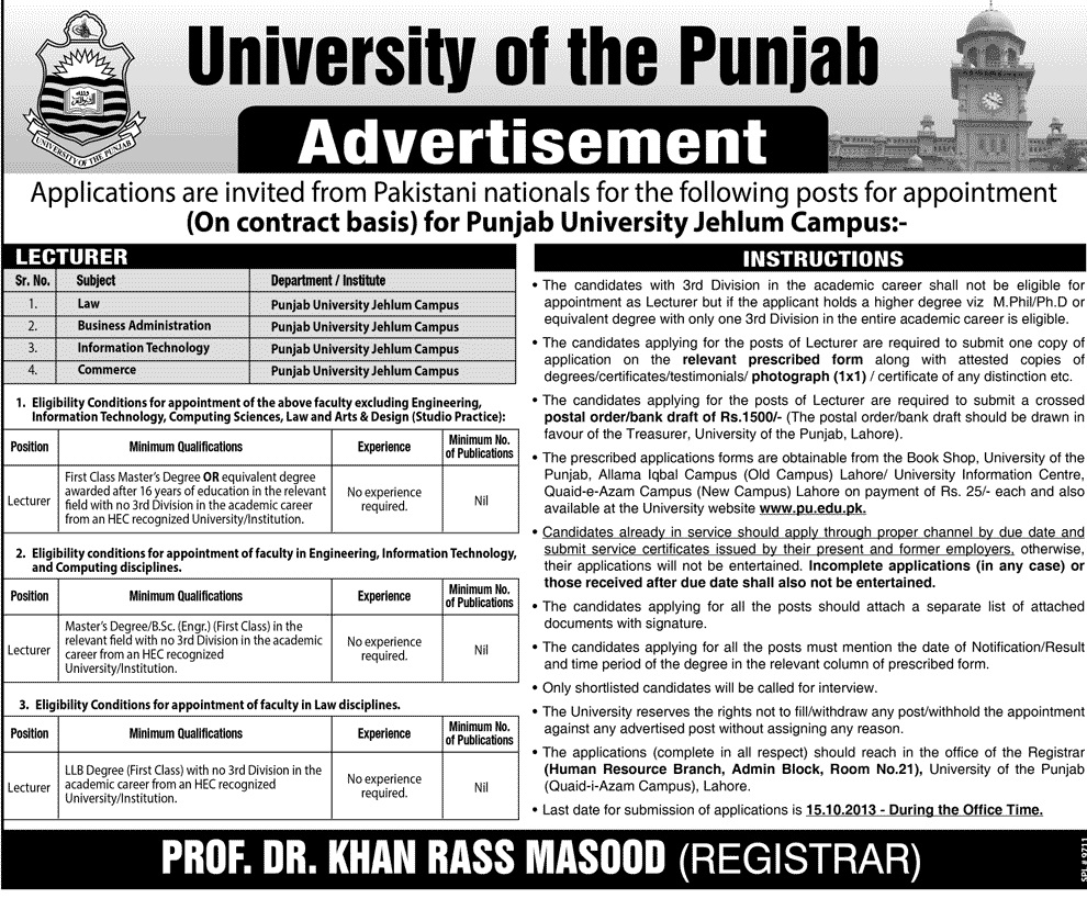 Lecturer Jobs in Punjab University Jehlum Campus