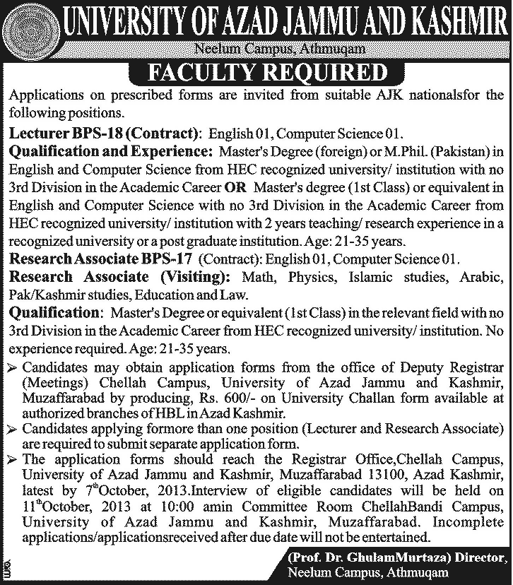 Lecturer & Research Associate Jobs in University of AJK