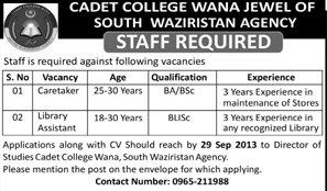 Library Assistant Jobs in Cadet College Waziristan Agency